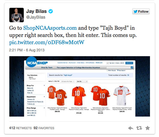Jay Bilas Tweets ShopNCAASports.com Search Results, Embarrasses NCAA 2013-08-09 12-38-36