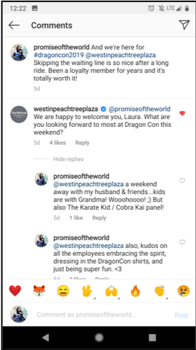 Instagram screenshot showing a conversation between Laura (author) and the Westin Peachtree Plaza where they welcome her to DragonCon.