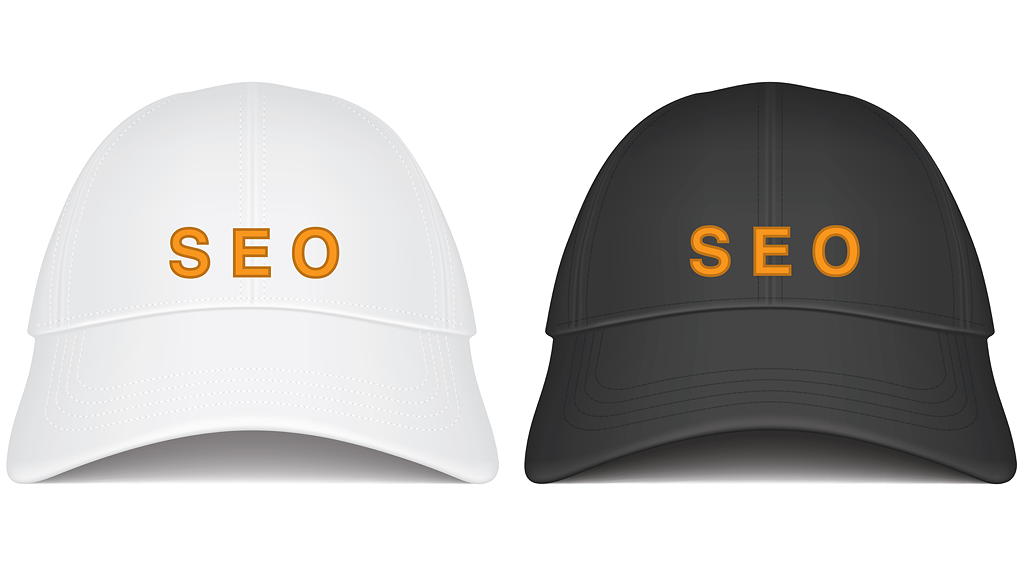 a black cap and a white cap with SEO on the front represent good and bad link building approaches