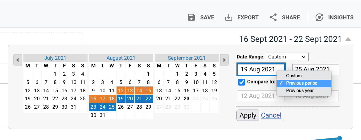 Setting the date range in Google Analytics