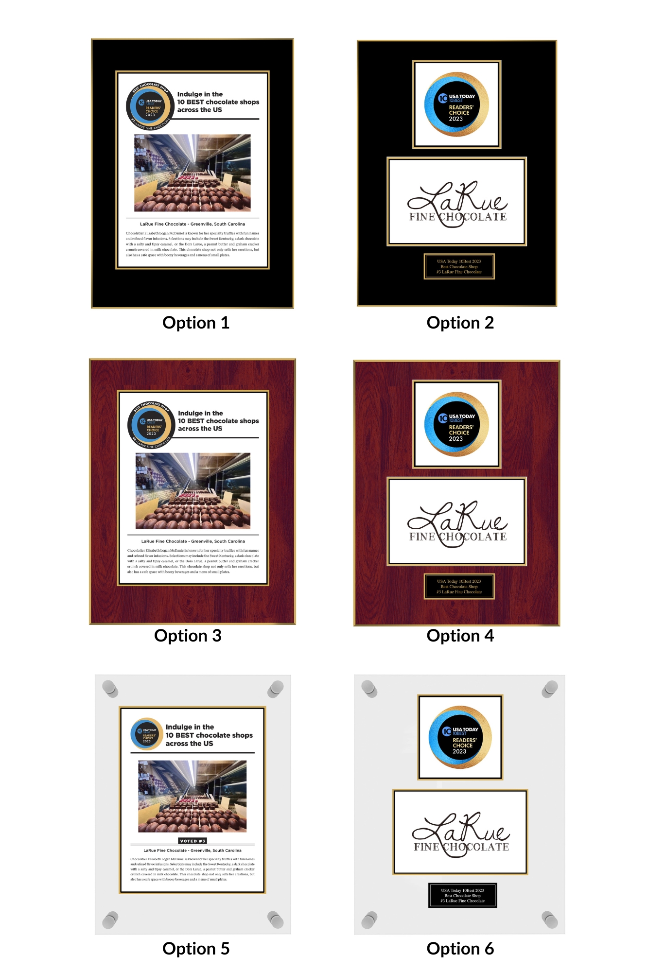 Image of the six 2023 USA Today 10Best Plaque Options.