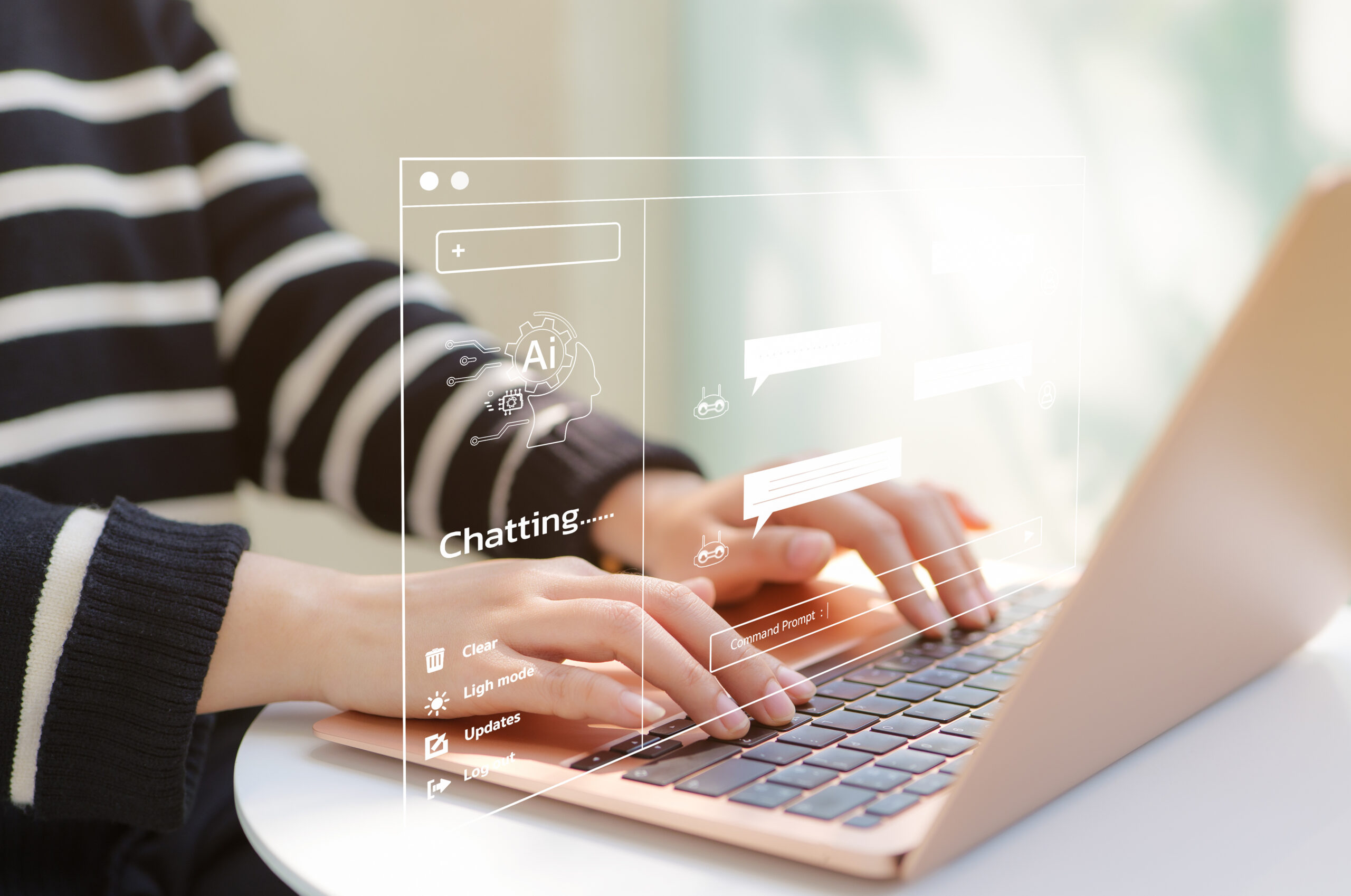 A woman uses a laptop to chat with an artificial intelligence chatbot