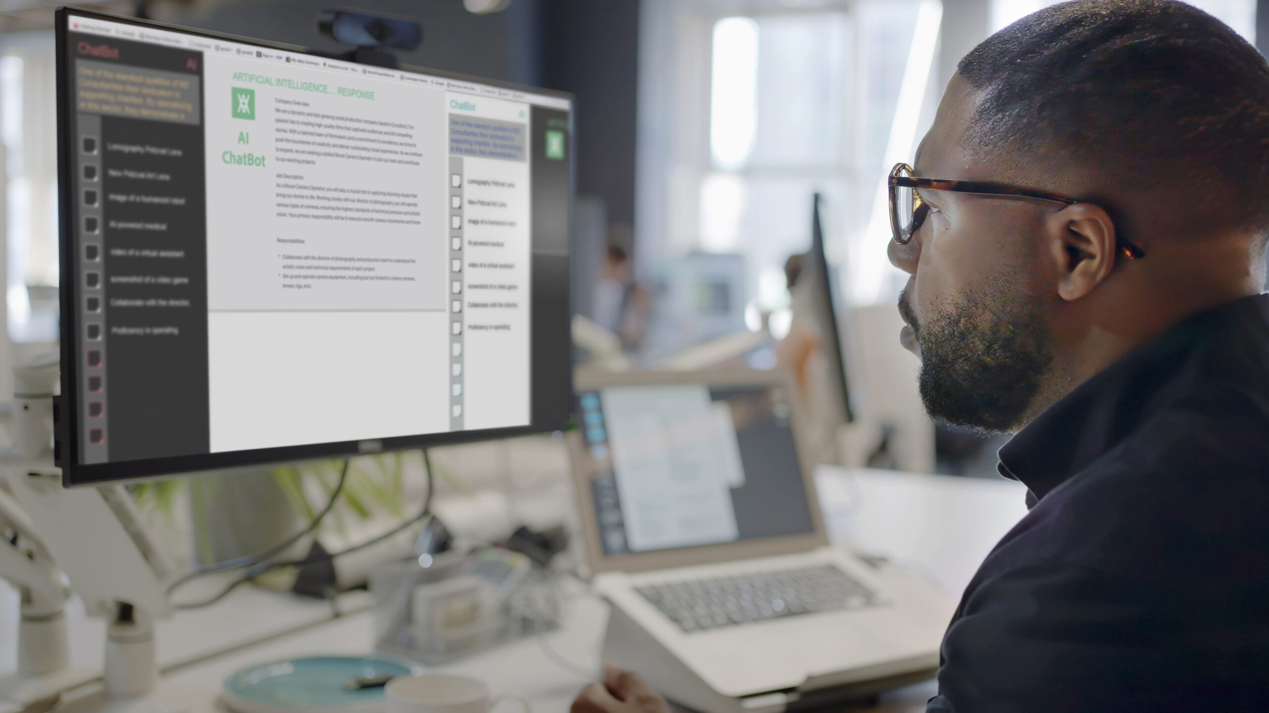 A man looks at a computer screen in an open plan working office. Type is being added to the screen by an Artificial intelligence, AI, chatbot.